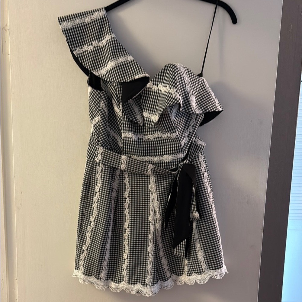 Black and White Gingham One-Shoulder Romper